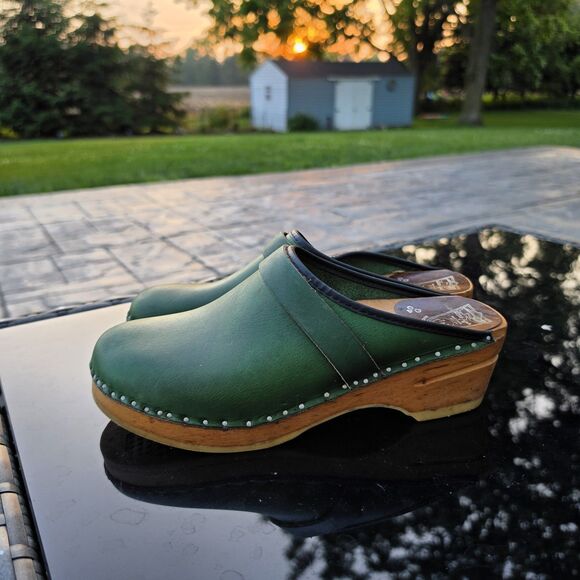 Vintage Shoes - Swedish Bastad Toffeln Originals Green Leather and Wood Clogs Size 40 US 9